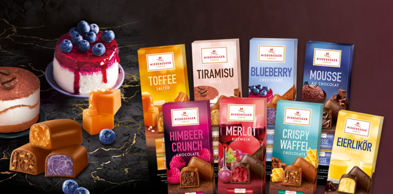 Neue Range an Pralinen Klassikern Toffe Salted, Tiramisu, Blueberry Cheesecake, Mousse Au Chocolate, Merlot, Himbeer Crunch, Crispy Waffel und Lakritz